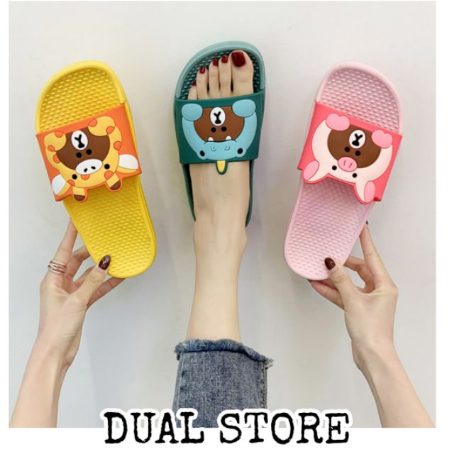 [GIÁ HỦY DIỆT] DÉP LÊ NỮ QUAI NGANG SIÊU CUTE ÊM BỀN DÉP in hình gấu BROWN và thỏ CONY Sticker Hàn Quốc dép đi trong nhà