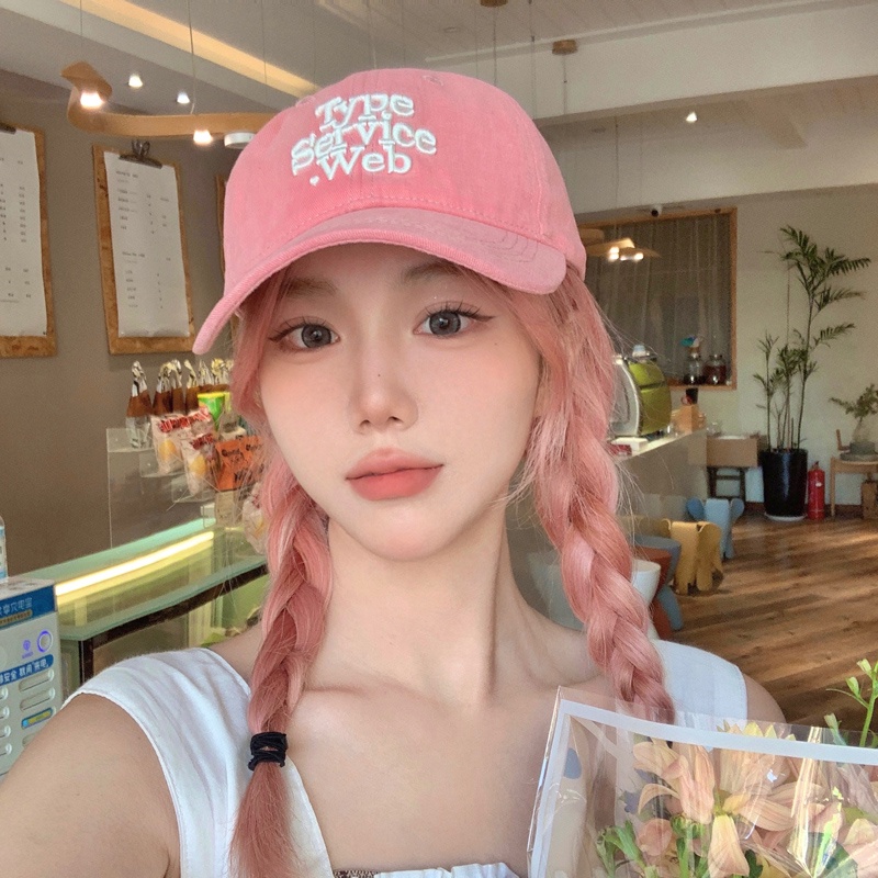 Mũ lưỡi trai thêu chữ màu hồng hoa anh đào phong cách Hàn Quốc cho nữ