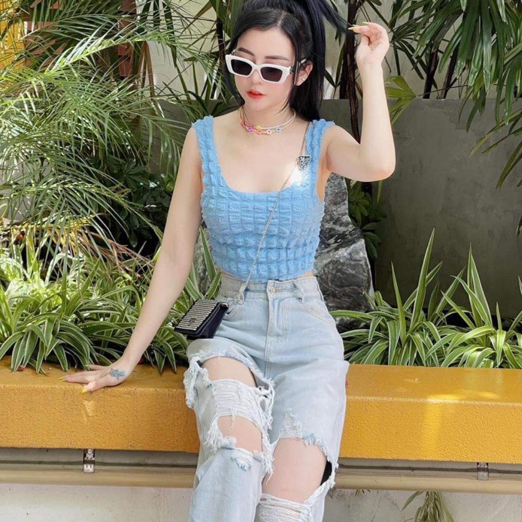 Áo Croptop Cổ Vuông Hai Dây Bản To Chất Xốp Phồng Mẫu Mới Siêu Hot