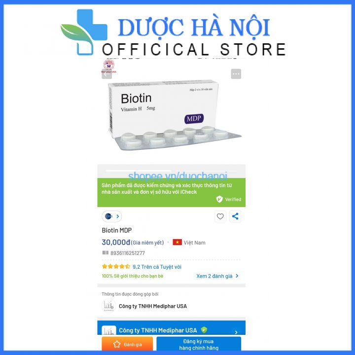 Viên uống Biotin vitamin H giúp tóc và móng khỏe ngừa rụng tóc , giúp da trẻ đẹp hộp 20 viên