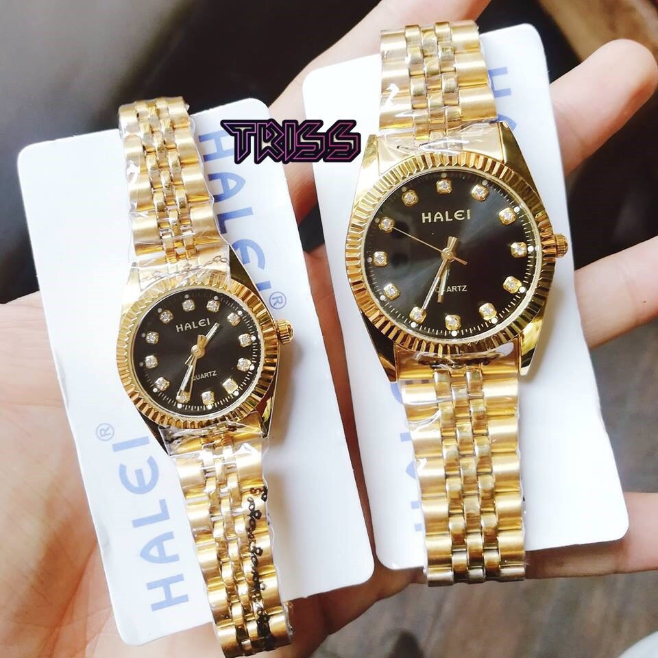 Cặp Đồng hồ đôi Halei máy Nhật mạ vàng không ghỉ dây da thời thượng- giá một cặp