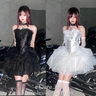[Ảnh Thật - Order Loại 1] (GT) Set Váy Áo lụa Corset Gothic Lolita voan nhũ đan nơ viền ren dáng xòe màu trắng đen