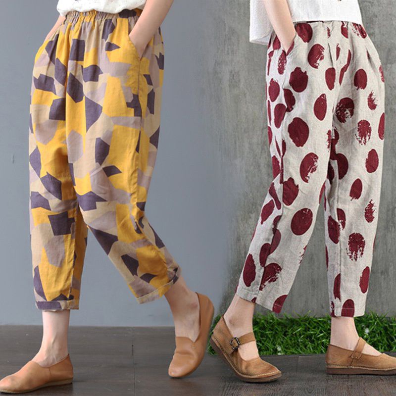 Quần baggy Ajuma Hàn Quốc rộng lưng thun vải cotton thô linen hoạ tiết màu sắc túi trước