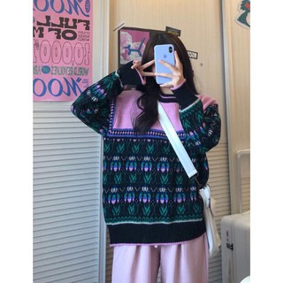 Set áo len hoạ tiết + quần bo gấu hồng thể thao vintage [Yannie]