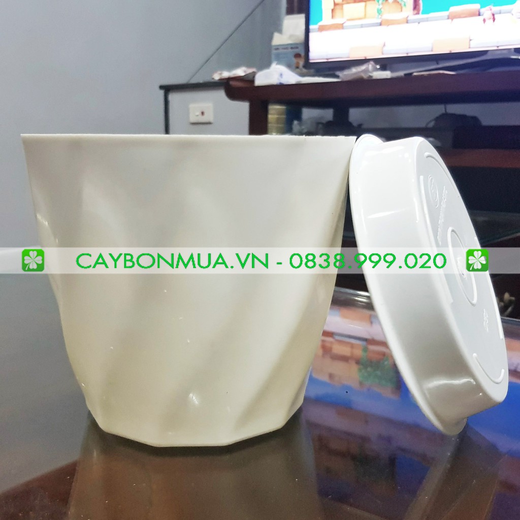 COMBO CHẬU + ĐĨA - Chậu nhựa trắng cao cấp - Chậu loại dày - Chậu với họa tiết xoắn