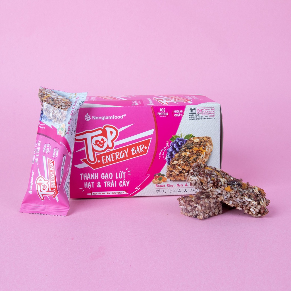 Thanh Gạo Lứt Hạt &amp; Trái Cây Nông Lâm Top Energy Bar (Hộp 272g)-Bánh ăn kiêng giòn ngon, thay thế bữa ăn sáng dinh dưỡng