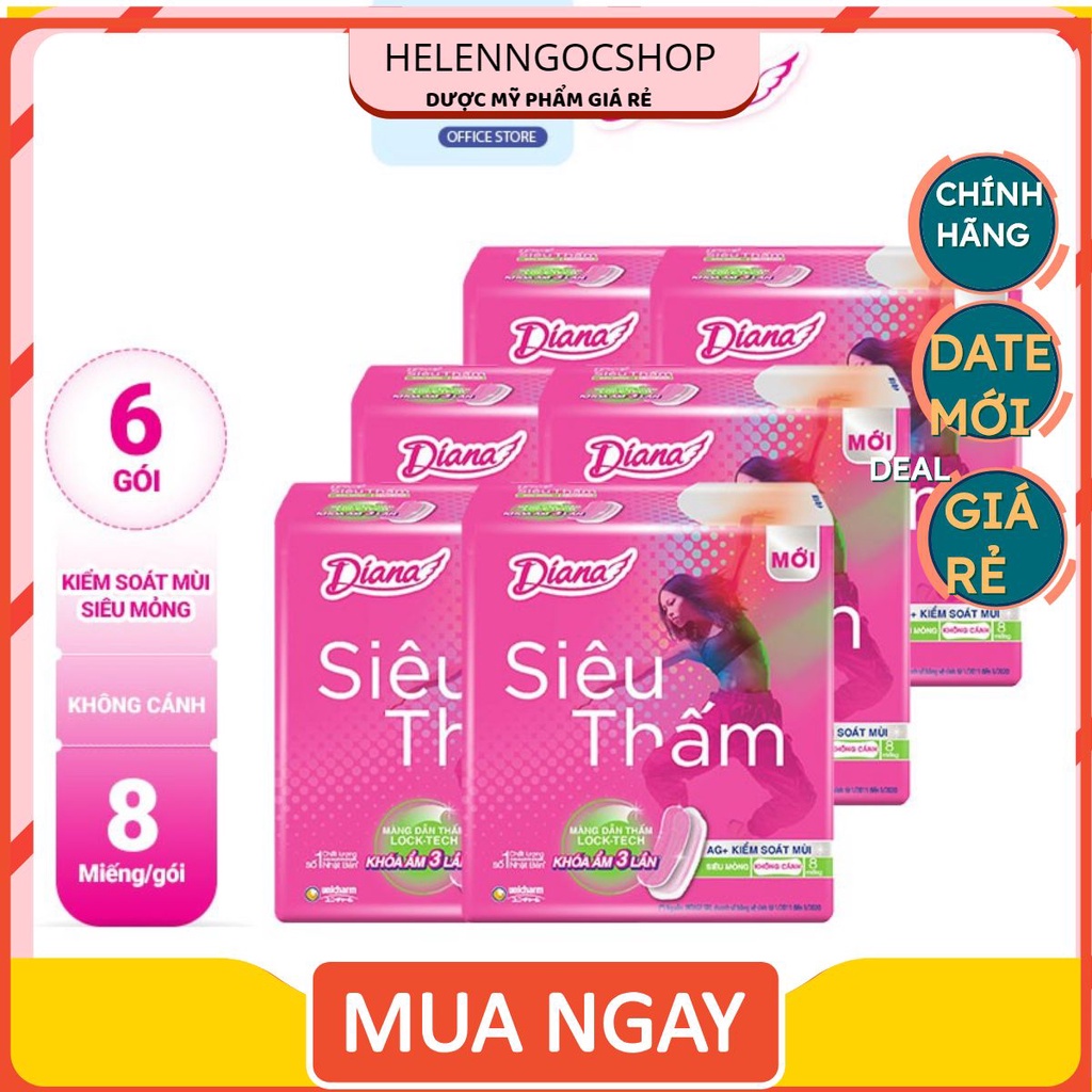 Combo 6 Gói Băng Vệ Sinh Diana Siêu thấm Siêu mỏng không cánh (Gói 8 Miếng)