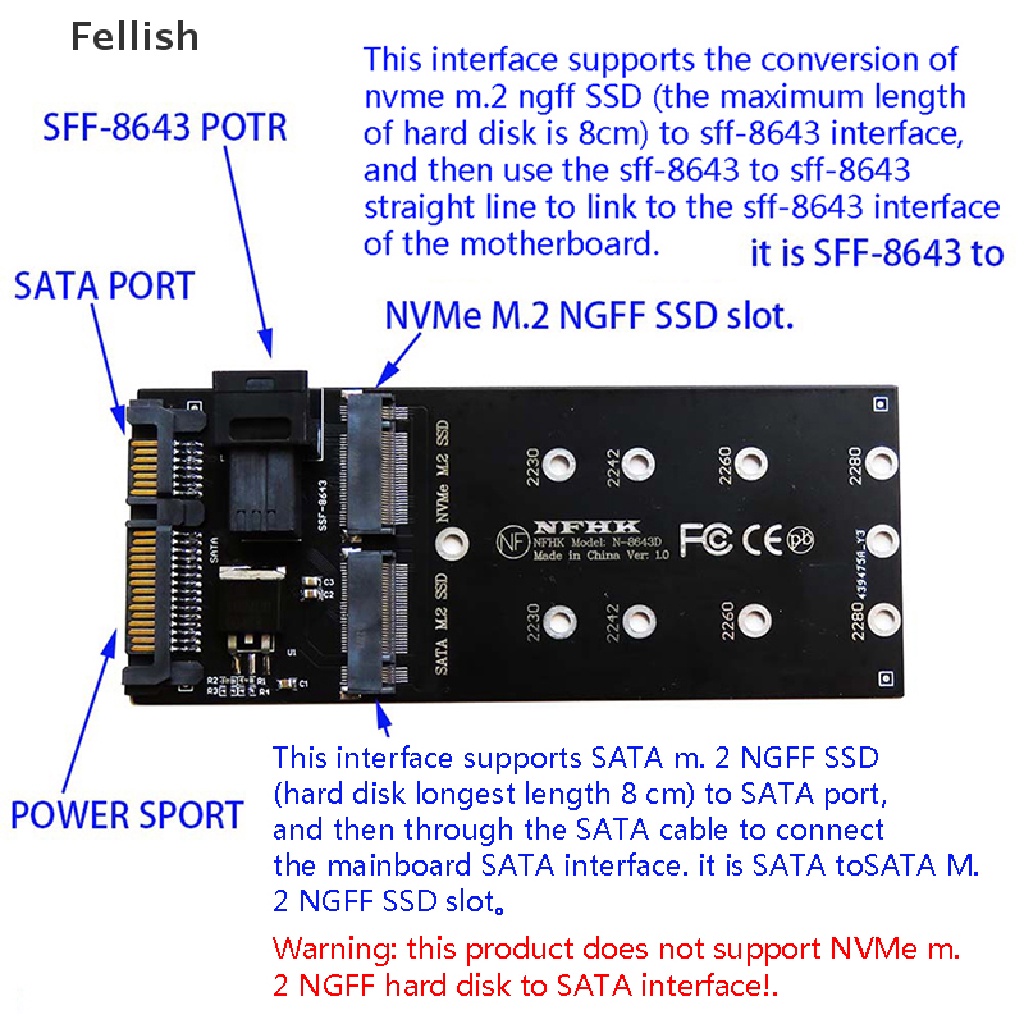 [Fellish] 22Pin SATA M.2 SSD Adapter SFF-8643 to NVMe M.2 NGFF SSD for Mainboard 436VN