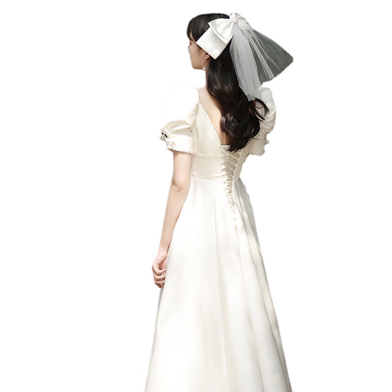 Đầm Cô Dâu Ngắn Tay Vải Satin Màu Trắng Thời Trang