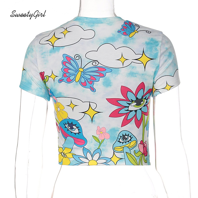 Áo Croptop Tay Ngắn Cổ Tròn In Họa Tiết Nhiều Màu Sắc Dành Cho Nữ