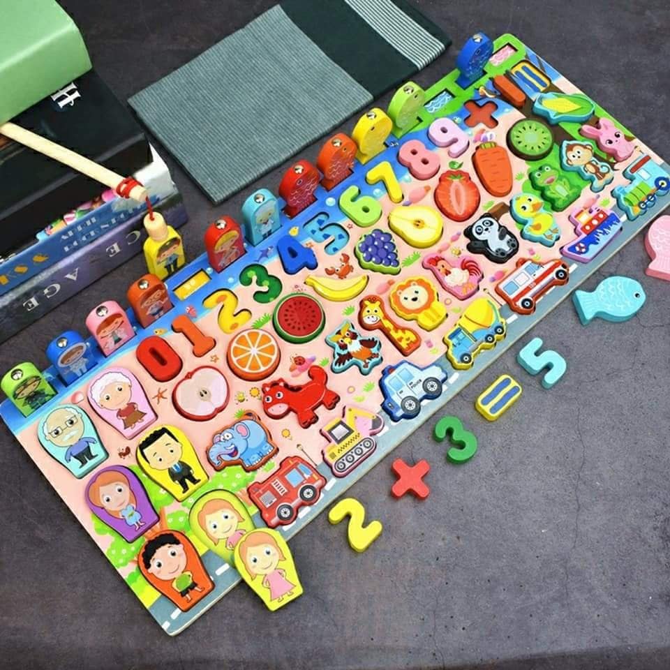 Bộ bảng số thông minh đồ chơi cho bé đồ chơi trẻ em - đồ chơi gỗ xếp hình câu cá ghép số học đếm 63 chi tiết 5 in1