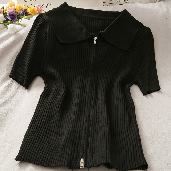 Áo Croptop Polo Phối Khóa Kéo Nữ - Rere.Store [FREESHIP] - Thun cổ bẻ cộc tay dáng ôm body kèm khóa zip Ulzzang