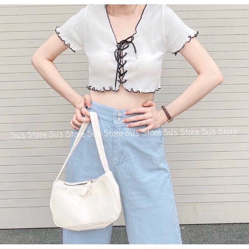 Áo croptop nữ tay ngắn cuốn biên đan dây nữ tính