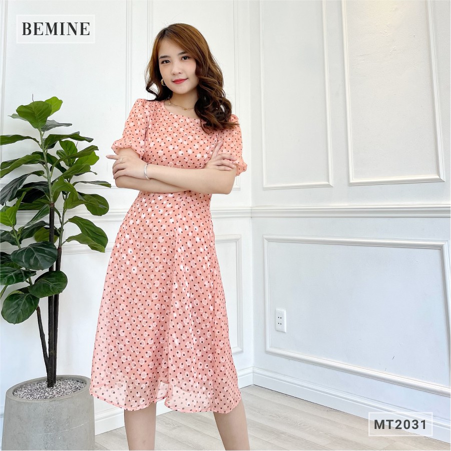 Đầm cổ tròn tay bồng chấm bi BEMINE MT2031CAM | BigBuy360 - bigbuy360.vn