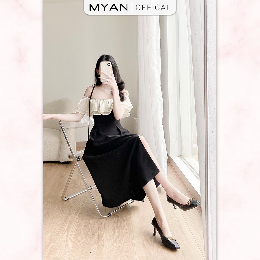 Váy Xòe Trễ Vai Dáng Dài MYAN Thiết Kế Dự Tiệc Chiết Eo Phối Bèo 2 Lớp Xẻ Tà Màu Đen VVN102202