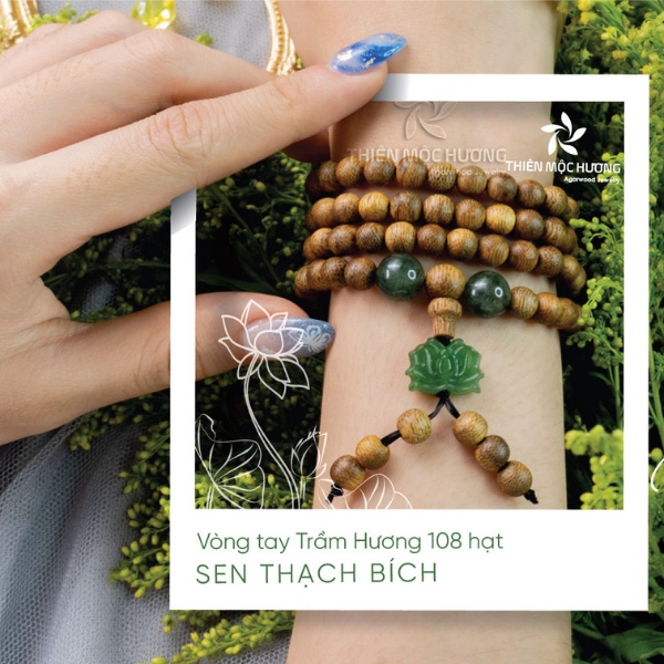 Vòng trầm hương 108 hạt sen bích 100% tự nhiên THIÊN MỘC HƯƠNG hợp phong thủy công danh thuận lợi, tình yêu viên mãn