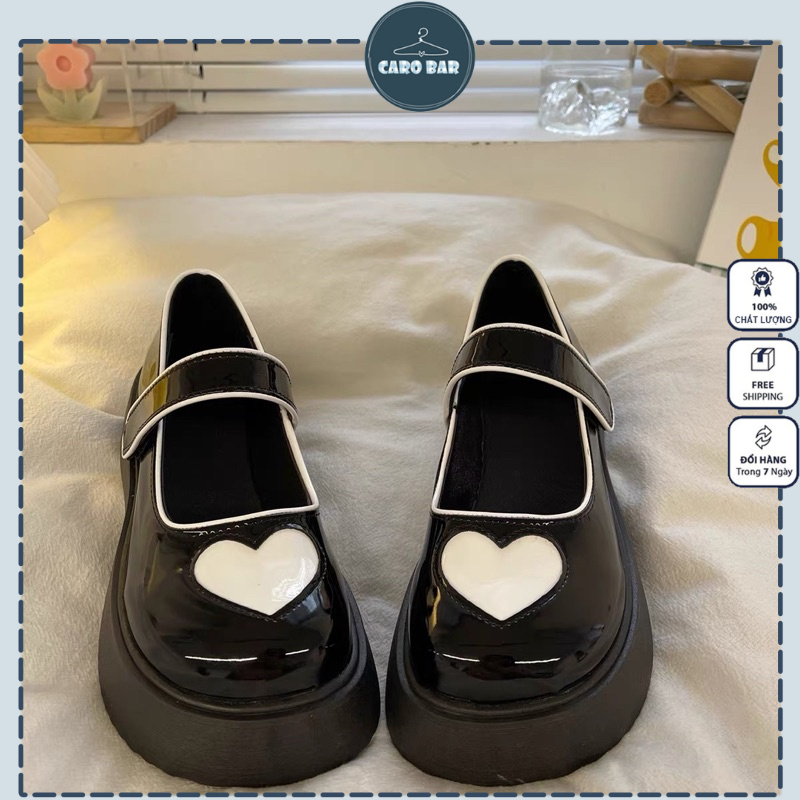 Shop CÓ SẴN đủ sz 2 màu 35-39_Kèm video Giày oxford Mary Jane tone đen trắng hoạ tiết trái tim