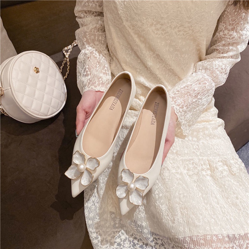 Giày Búp Bê Mũi Nhọn Đế Mềm Đính Ngọc Trai Giả Xinh Xắn Cho Nữ Size 33-44