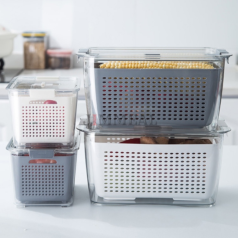 Hộp Nhựa Đựng Thực Phẩm Tủ Lạnh Chia Ngăn Thoát Nước Có Khóa Kín Tiện Dụng 4.5L Hộp Bảo Quản Thực Phẩm Trong Tủ Lạnh