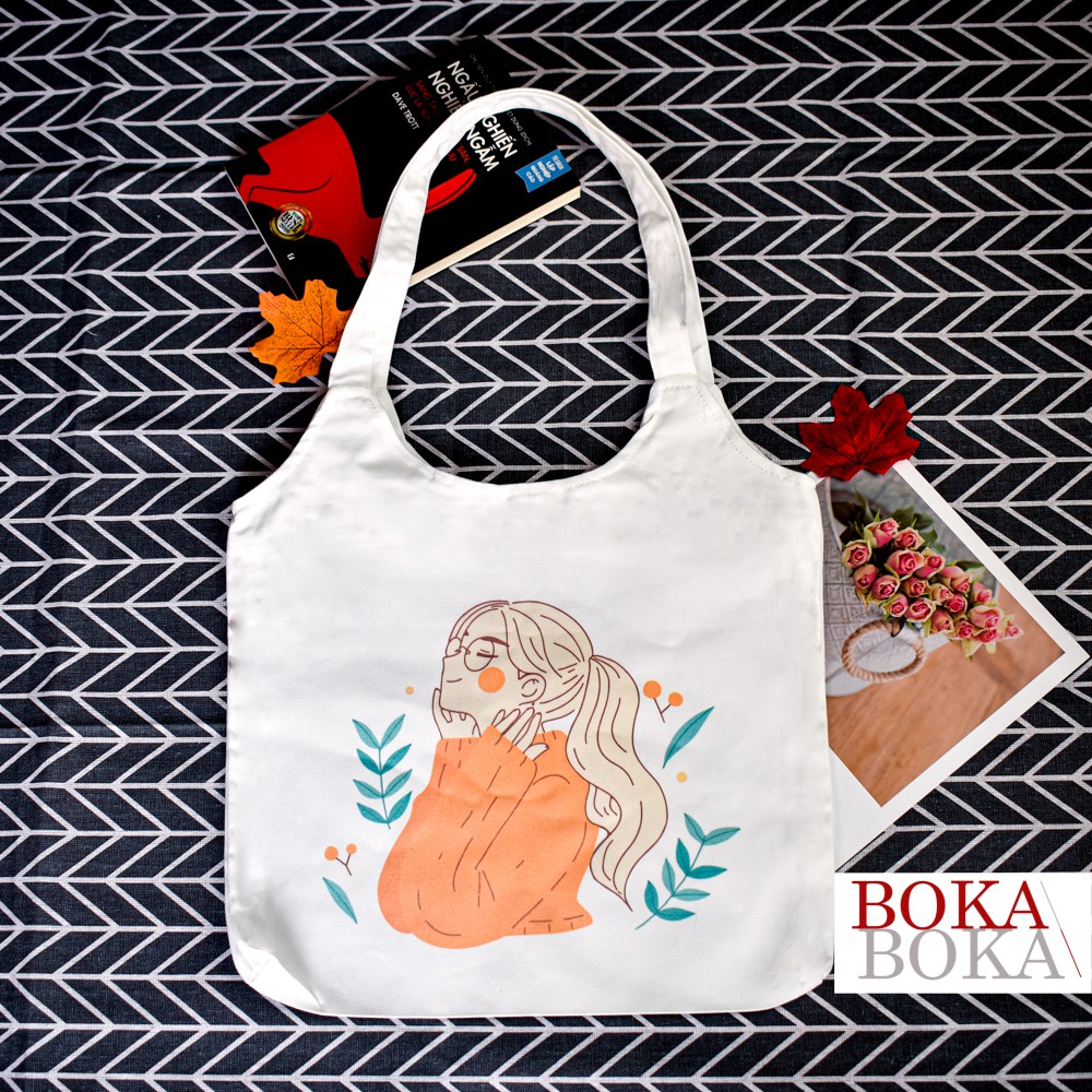 Túi tote quai tròn vải canvas Cô Gái 2 có khóa kéo