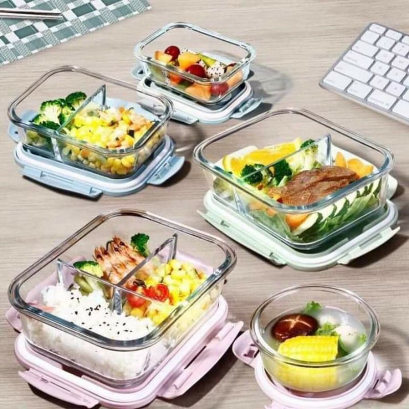 #Hàng sịn sò# Hộp cơm văn phòng bằng thủy tinh có chia 2 ngăn, 3 ngăn có gioăng kín quay được lò vi sóng- loại 1 dày đẹp
