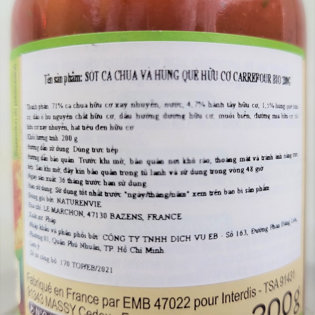 [Lọ 200g] [Organic] XỐT CÀ CHUA VÀ HÚNG QUẾ HỮU CƠ [France] CARREFOUR BIO Tomato &amp; Basil Sauce (atp)