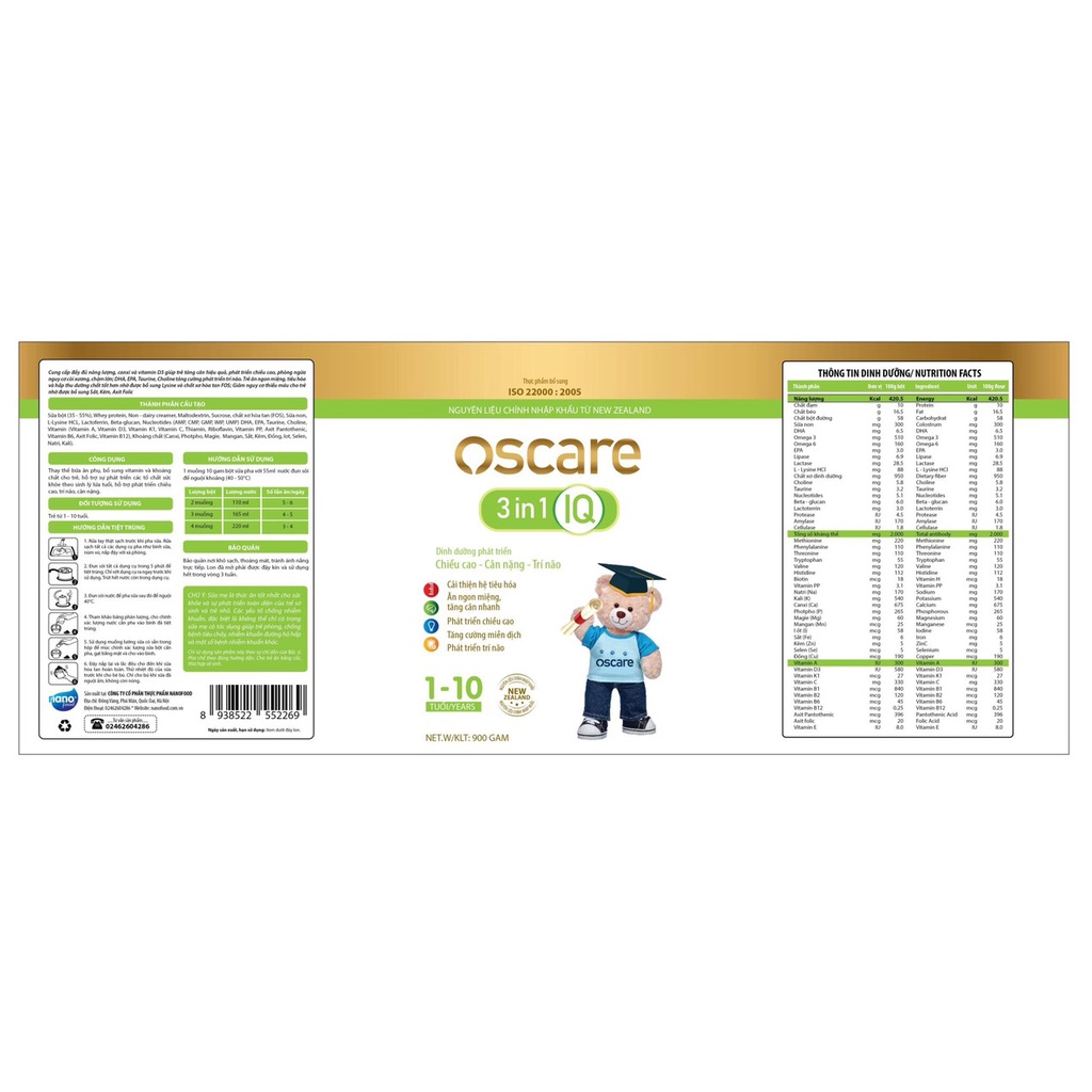 Sữa bột cho bé Oscare Nutrition 3 IN 1 lon 400g, 900g - giúp bé phát triển chiều cao, cân nâng và nâng cao trí não