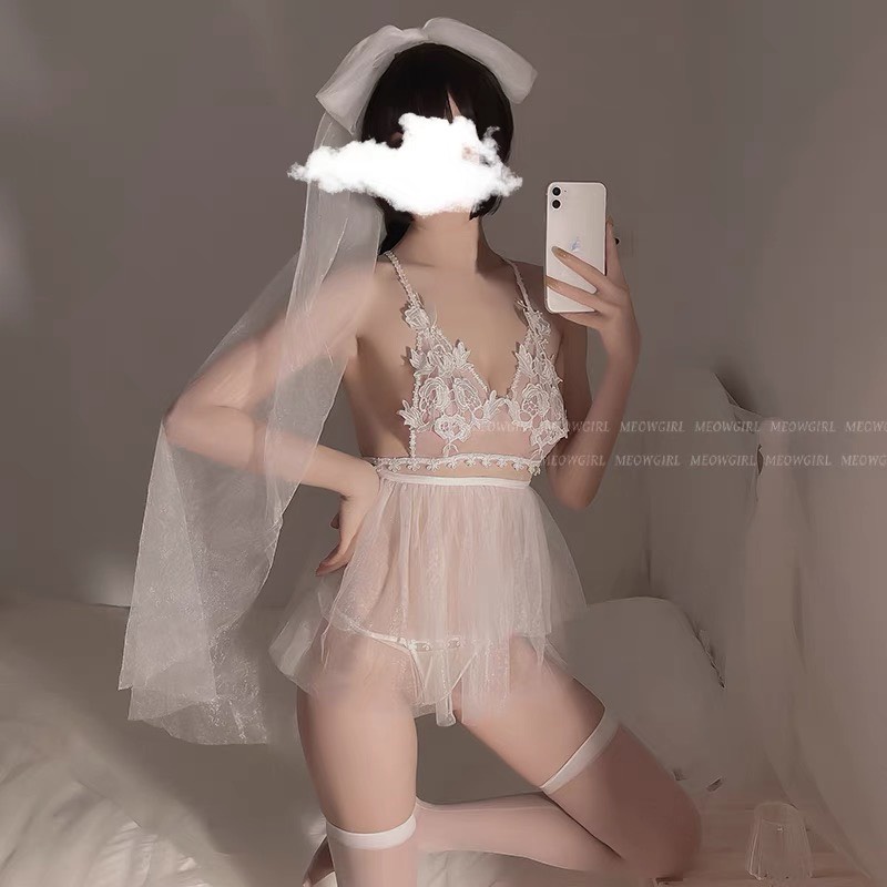 Cosplay sexy - cosplay cô dâu váy ngủ kèm phụ kiện lưới cài tóc