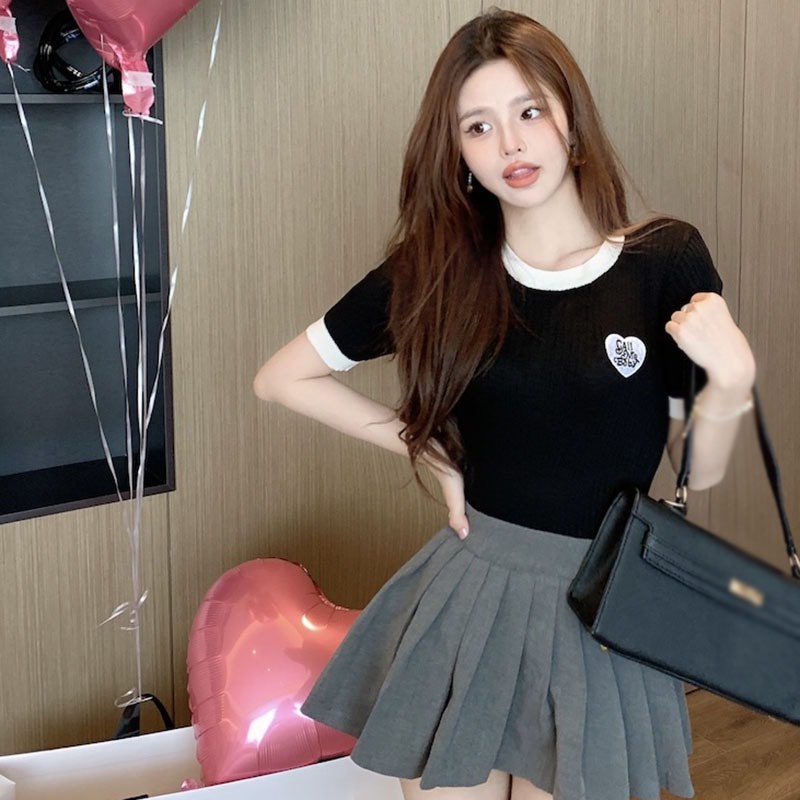 Áo Thun Dệt Kim Tay Ngắn Cổ Tròn Thêu Khối Màu Sắc Retro Hàn Quốc Dành Cho Bạn Nữ