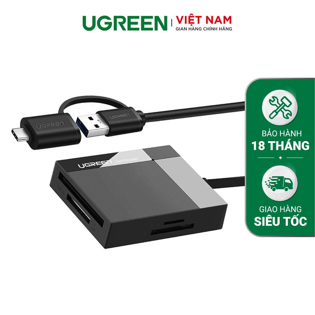 Đầu đọc thẻ USB 3.0 hỗ trợ thẻ TF/SD/CF/MS dài 0.5-1.5m UGREEN CR125