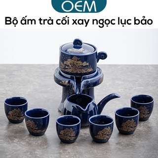 Bộ ấm chén pha trà đạo cối xay 9 món Xanh Ngọc Lục Bảo cao cấp, sang trọng - Ấm pha trà gốm sứ hoa văn cố điển