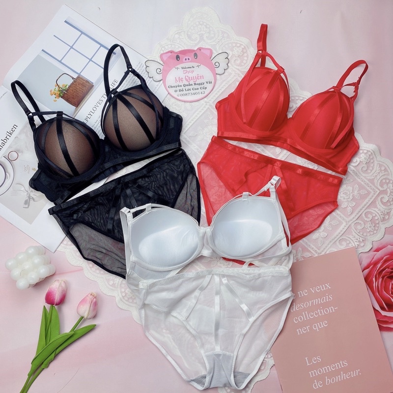 Bộ lót lưới phối dây ngọt ngào sexy, mút đệm 3cm có gọng nâng ngực gợi cảm