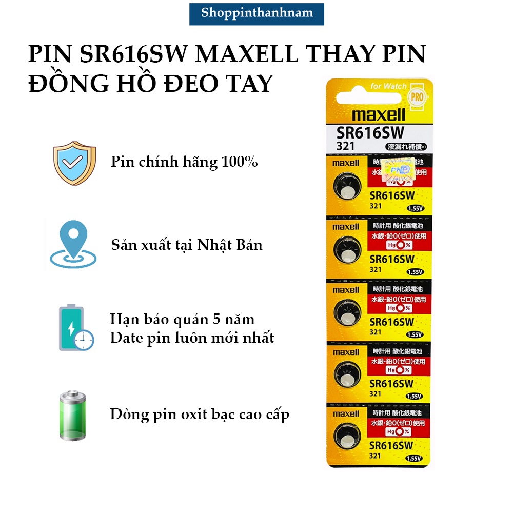 Vỉ 5 viên Maxell SR616 / 321 / SR616SW thay pin đồng hồ đeo tay