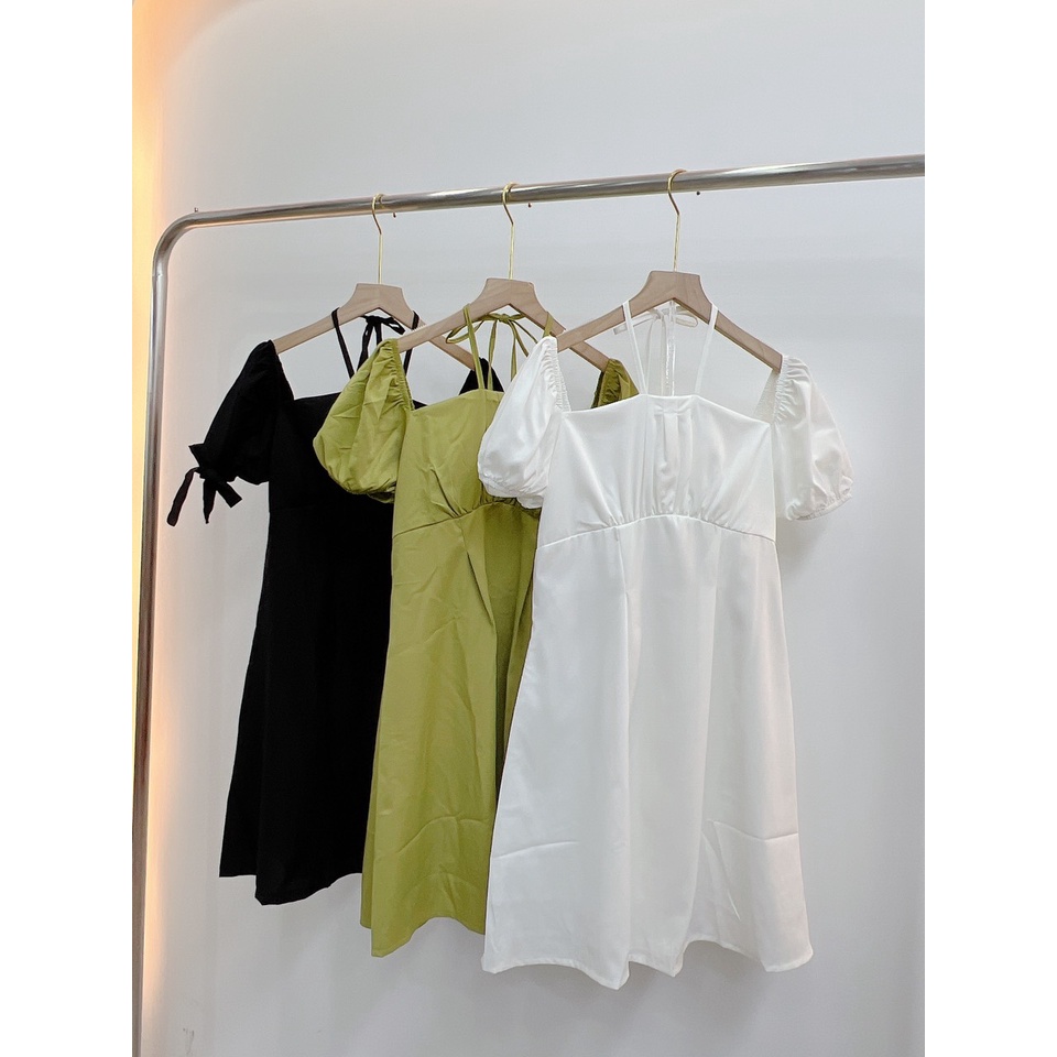 Váy vải trượt cổ yếm cộc tay bo chun xanh/trắng, váy thiếu kế cutout vai Hàn Quốc cực xinh