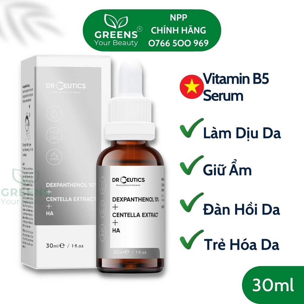 Serum Vitamin B5 DrCeutics - Cấp Ẩm và Phục Hồi Da - Dexpanthenol 10% + Centella Extract + HA | Greens Beauty
