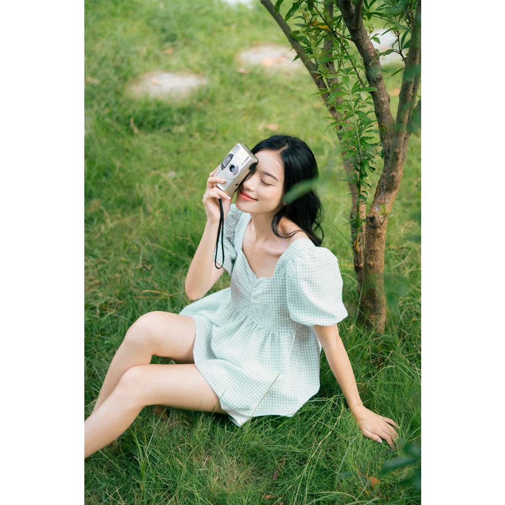 Áo babydoll tay bồng MADELEN kẻ gingham xanh