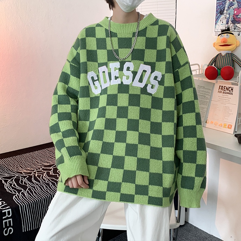 Áo sweater dệt kim dáng rộng in họa tiết bàn cờ thời trang đường phố Mỹ cổ điển giản dị cho nam