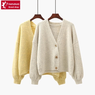 Áo Khoác Cardigan Dệt Kim Tay Phồng Dài Cổ Chữ V Xinh Xắn Cho Nữ