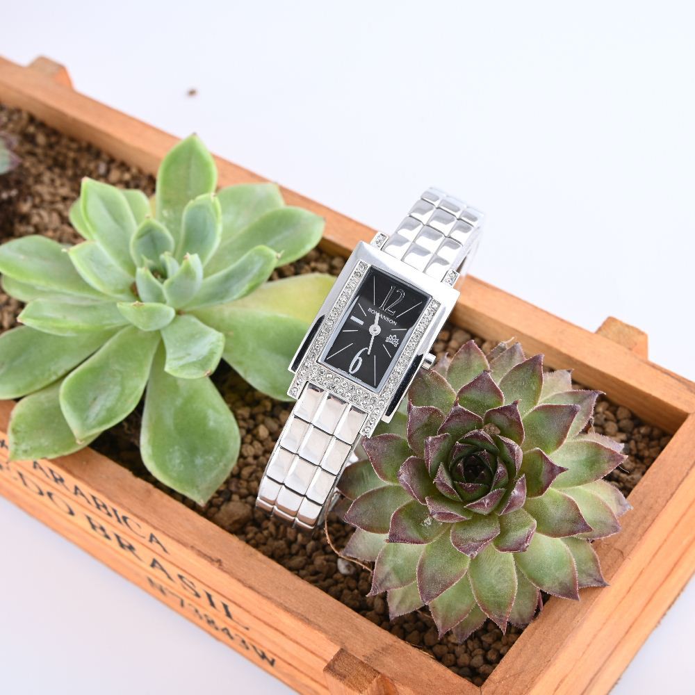 Đồng hồ Romanson Watch RM6159TLWBK nữ dây thép mặt chữ nhật nhỏ đính đá kính chống xước máy Thụy Sĩ chính hãng