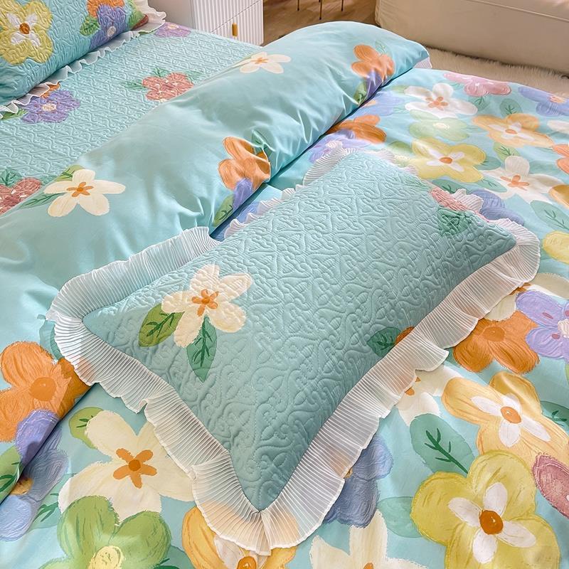 Bộ Vỏ Chăn Ga Gối Cotton Bèo Hàn Quốc Ga Trần Phủ Phối Ren 4 Món Free Size cho mọi size giường