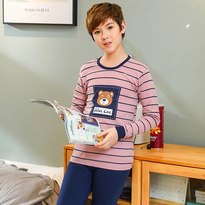 Teen Kids Clothes 2pcs/set Cotton Sleepwear 8-18Yrs Boy Pajamas Suit Cartoon Bear Homewear