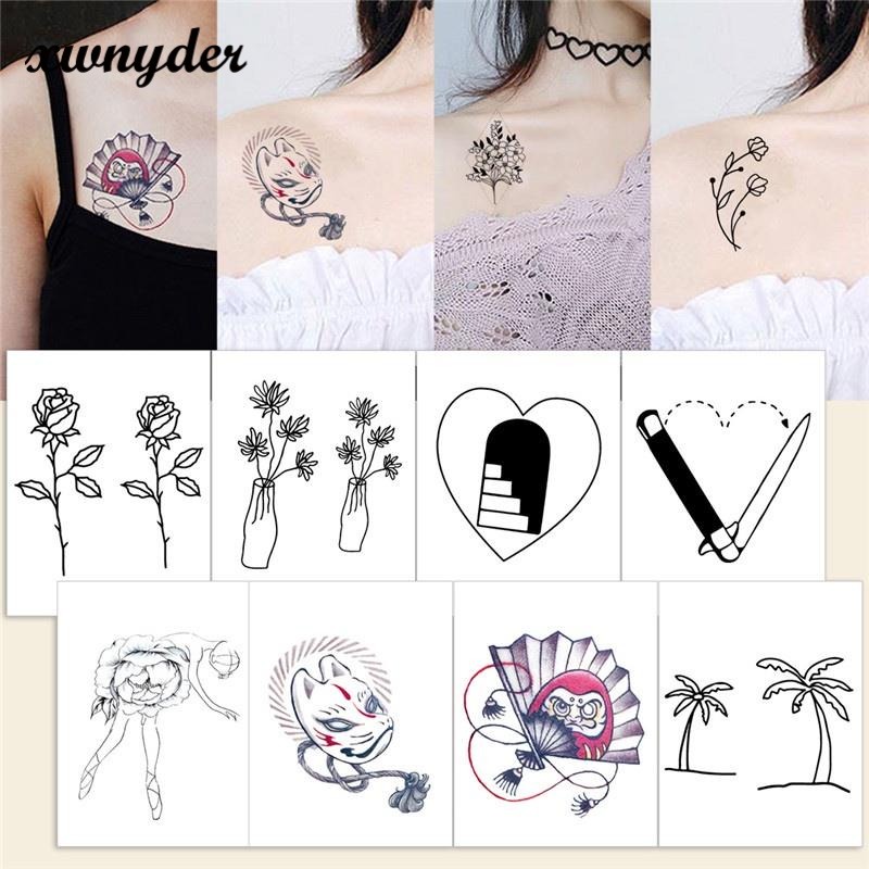 Miếng Dán Hình Xăm Tạm Thời Họa Tiết Cây Và Hoa Màu Đen Tối Giản Độc Đáo Dùng Một Lần