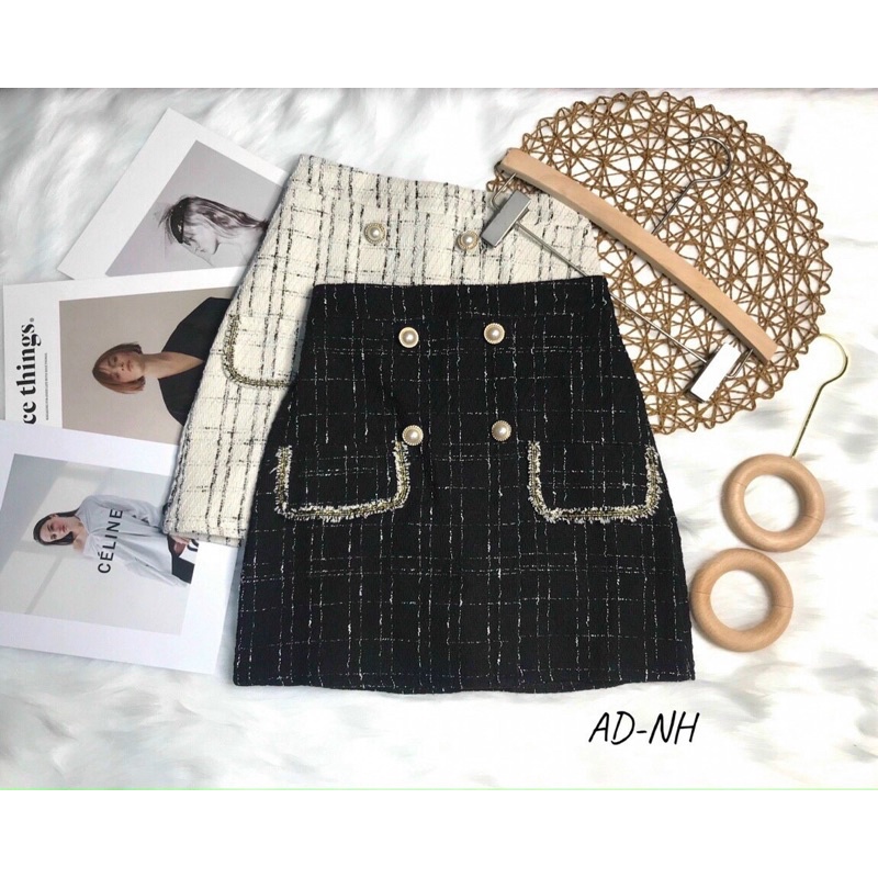 Chân váy dạ tweed trang trí cúc Ngọc ,váy ngắn dáng chữ A 2 nắp túi
