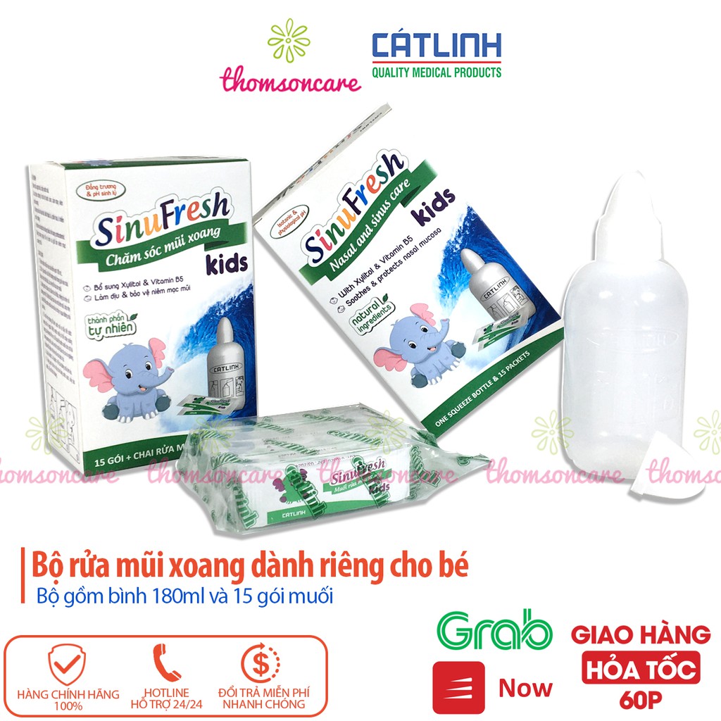 Bình rửa mũi cho bé Cát Linh Sinufresh Kids chai 180ml tặng kèm 15 gói muối nano rửa xoang, dụng cụ có van điều chỉn