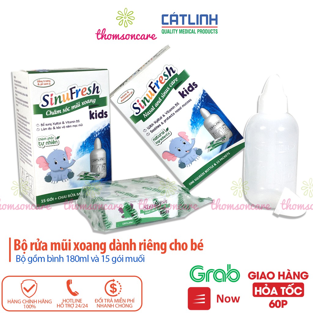 Bình rửa mũi cho bé Cát Linh Sinufresh Kids chai 180ml tặng kèm 15 gói muối nano rửa xoang, dụng cụ có van điều chỉn