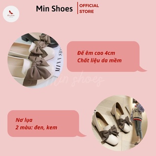 Giày da nữ cao gót nơ lụa đế vuông 5cm