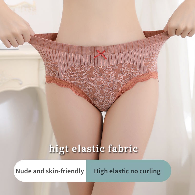 Quần Lót cotton Phối Ren Không Đường May Kháng Khuẩn Lưng Cao Thời Trang Nữ