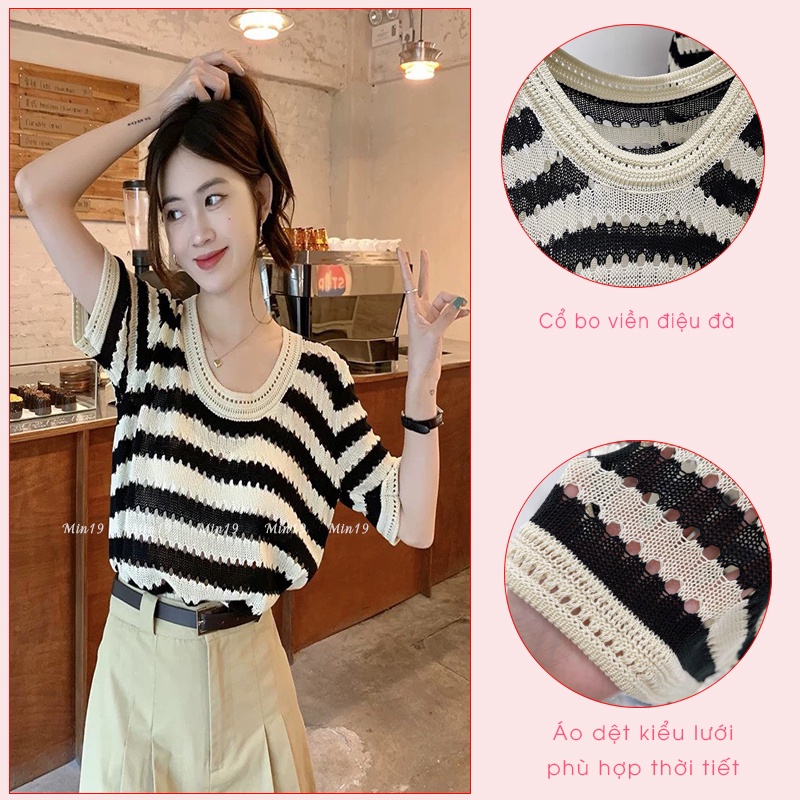Áo Len Nữ MIN19 Áo Len Mỏng Dệt Kim Tay Ngắn Kẻ Cổ Tròn Kiểu Hàn Quốc Form Rộng Bigsize Màu Đen Xanh Nâu Thời Trang