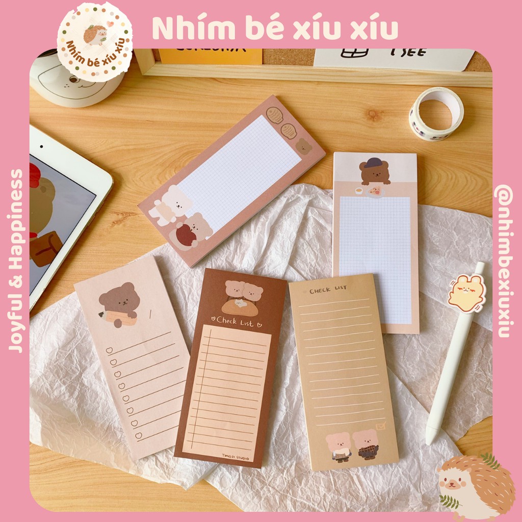 Tập 50 tờ giấy note/giấy ghi chú check list hình gấu nâu dễ thương VT186