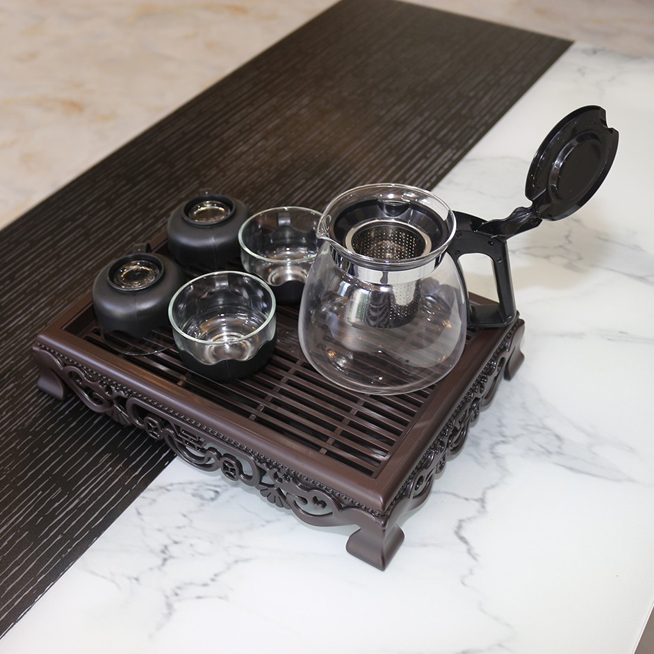 Bộ ấm chén uống trà thủy tinh ❤️ TẶNG KÈM KHAY❤️ Bình pha trà lõi lọc INOX 4 cốc khay trà nhựa giả cổ Song Long.